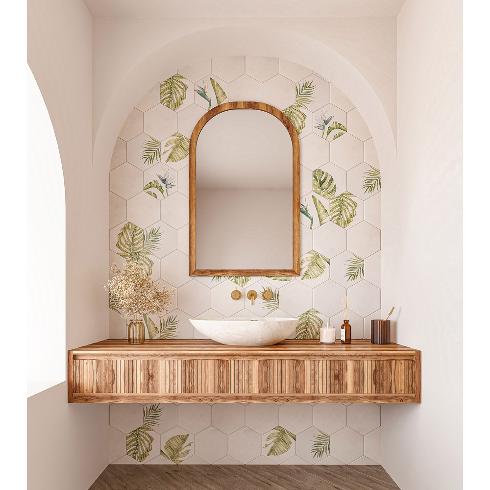Top Ceramics Beige and Green Floral Stone Effect Hexagon Porcelain Wall Tile 215 x 250mm Image 8