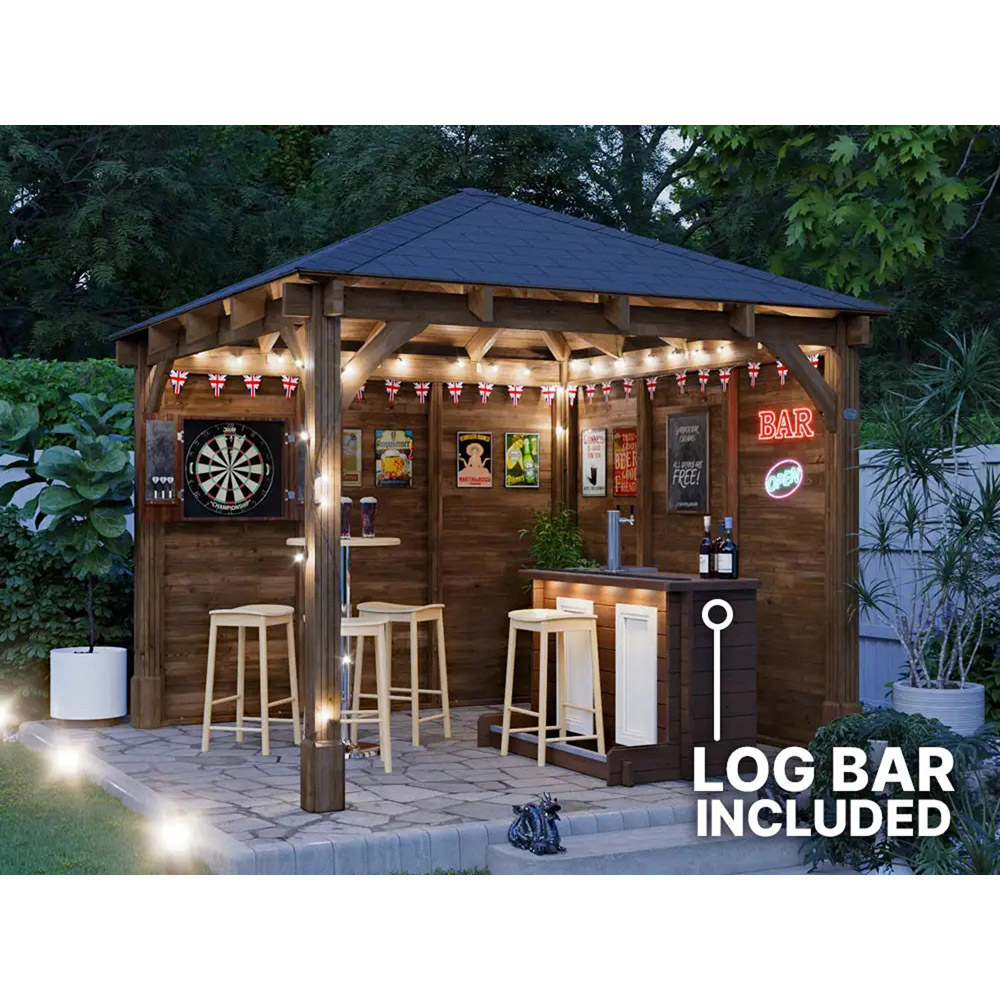 Dunster House Leviathan 3 x 3m Brown Log Bar Garden Gazebo with Heavy Duty Roof Shingles Image 5