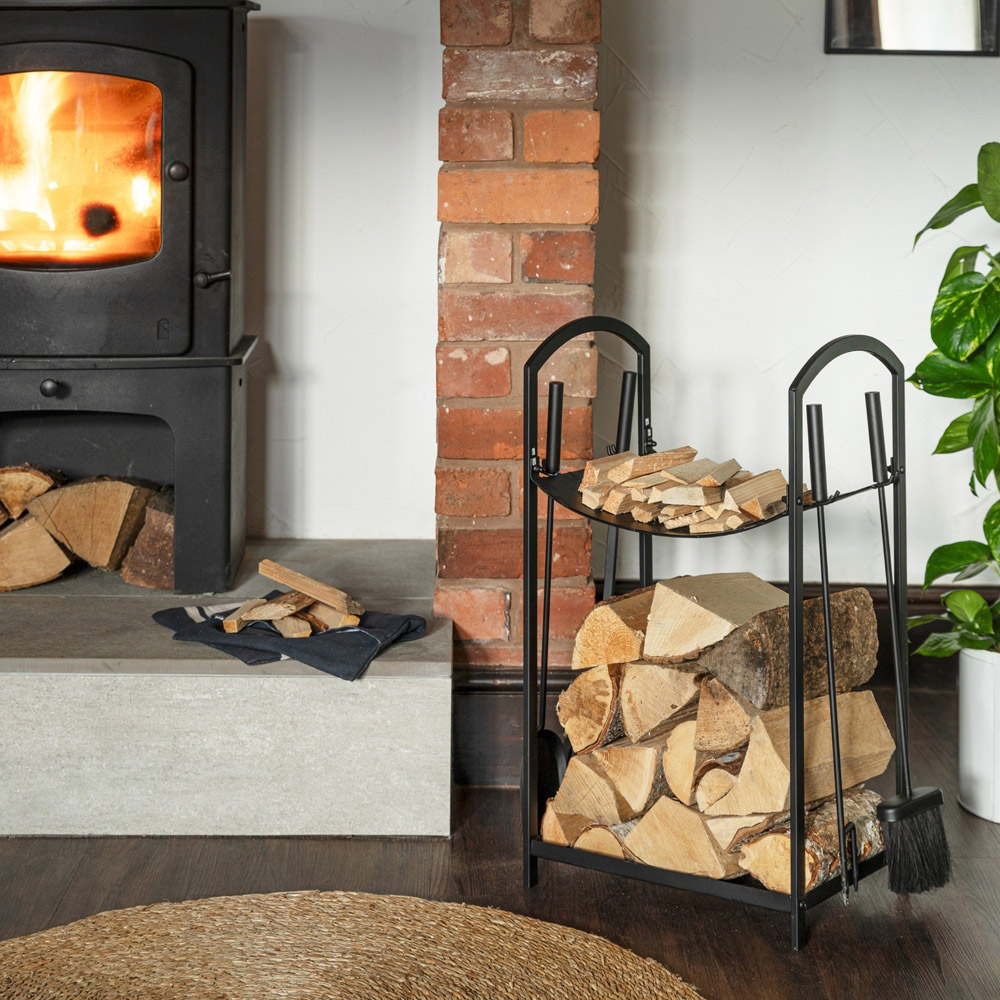 Ivyline Black Metal Curved Log Holder with Companion Set 71 x 39cm Image 2