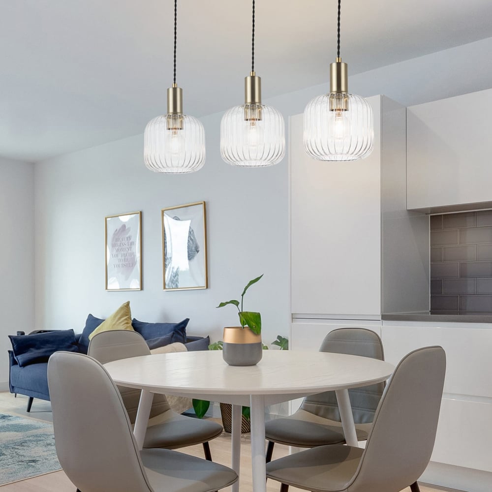 Cosylyte Clayton Brushed Brass Ribbed Glass 3 Light Bar Pendant Light Image 7