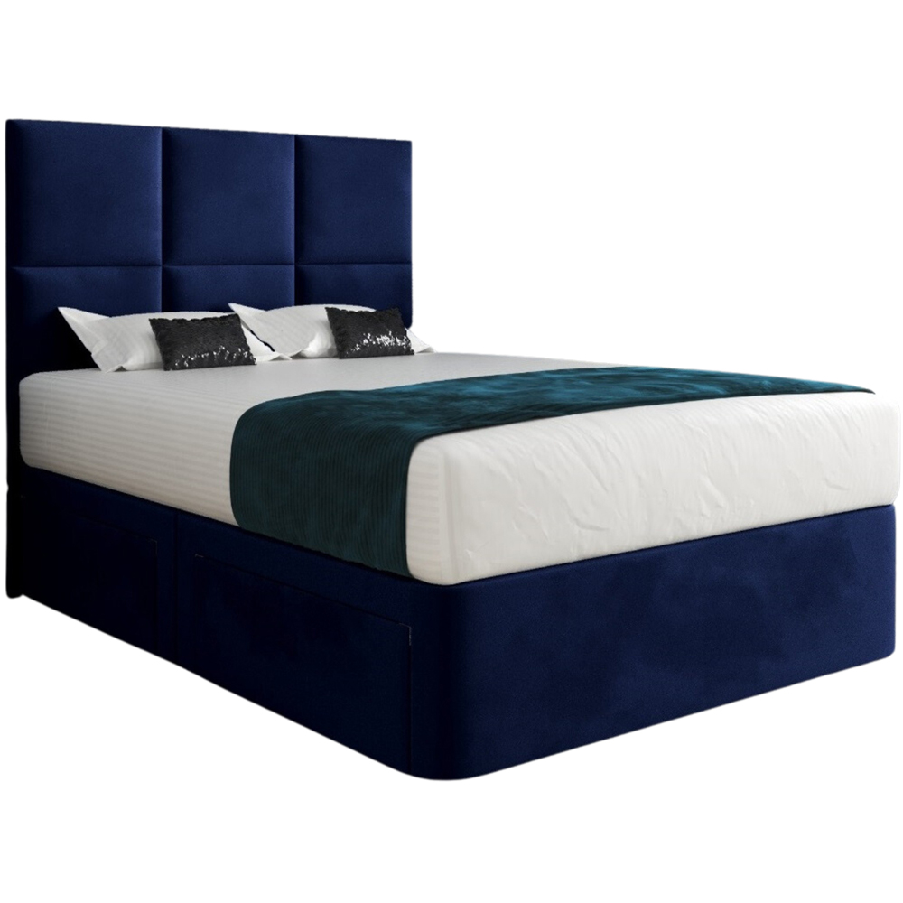 Caprio Blue Super King Size Upholstered Divan Bed Frame with Floorstanding Cube Headboard Image 2