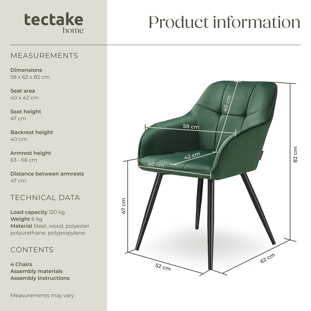 tectake Marilyn Set of 4 Dark Green and Black Quilted Velvet Dining Chair Image 9