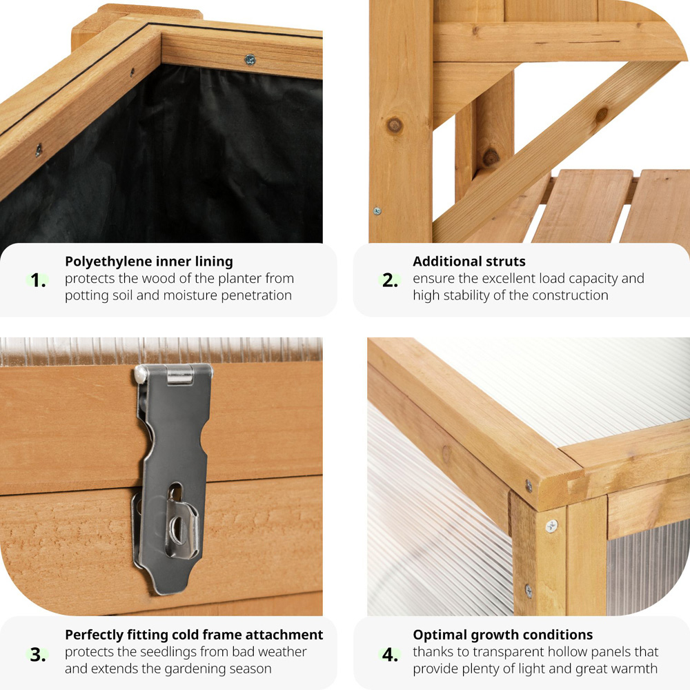 tectake 57 x 119cm Wooden Raised Garden Bed with Storage Shelf and Cold Frame Attachment Image 5