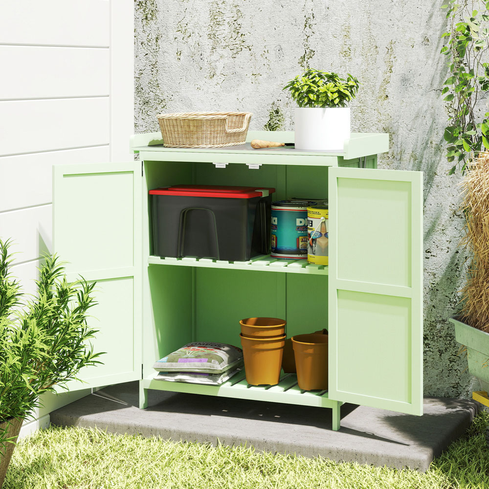 Outsunny 2.8 x 2.4ft 2 Shelf Light Green Wooden Garden Storage Shed with Hinged Roof Image 4