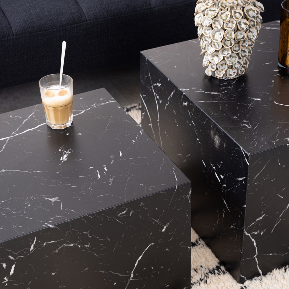 Florence Dice Square Black Marble Marquina Coffee Table Set of 2 Image 5