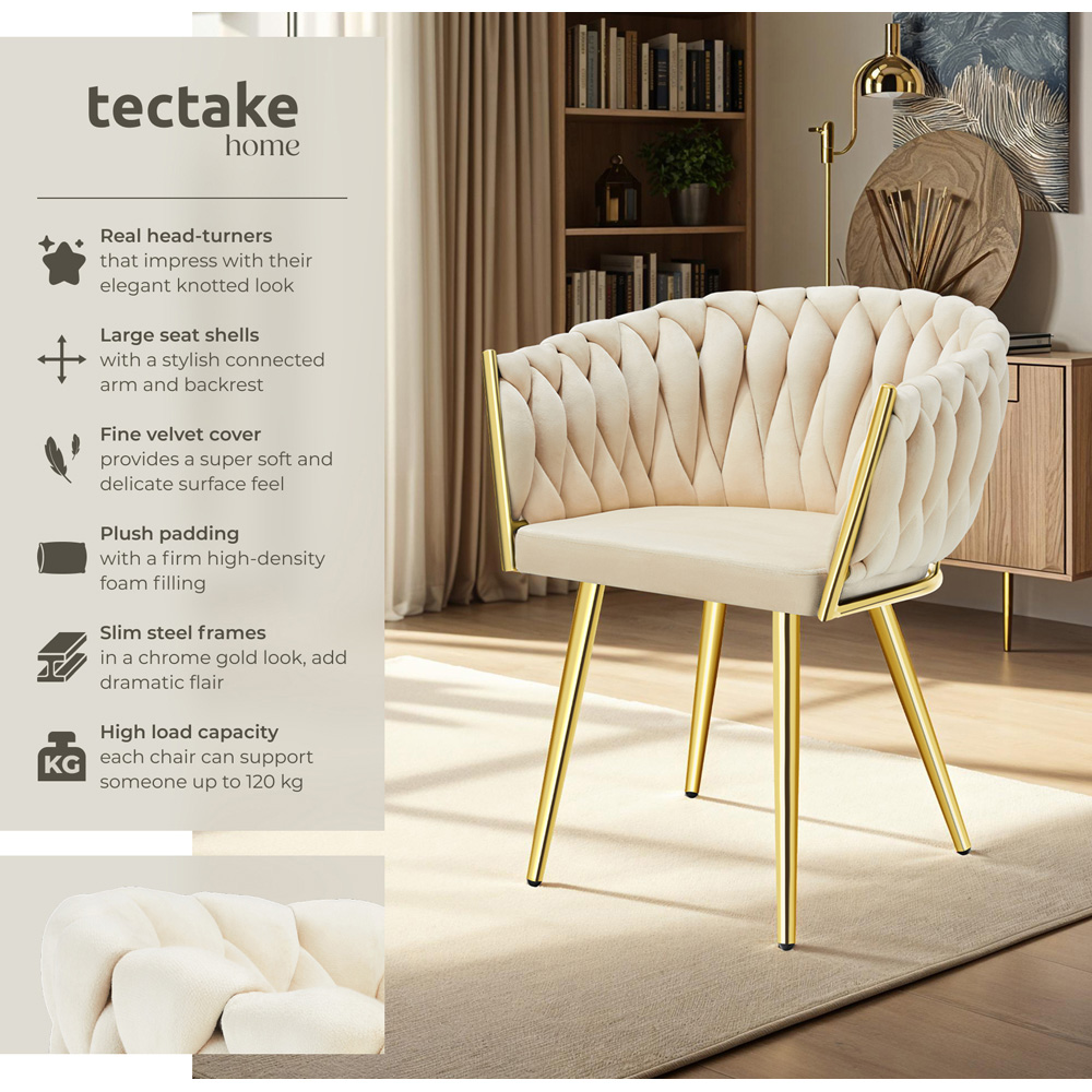 tectake Astano Set of 2 Sand and Gold Velvet Padded Knot Design Dining Chair Image 6