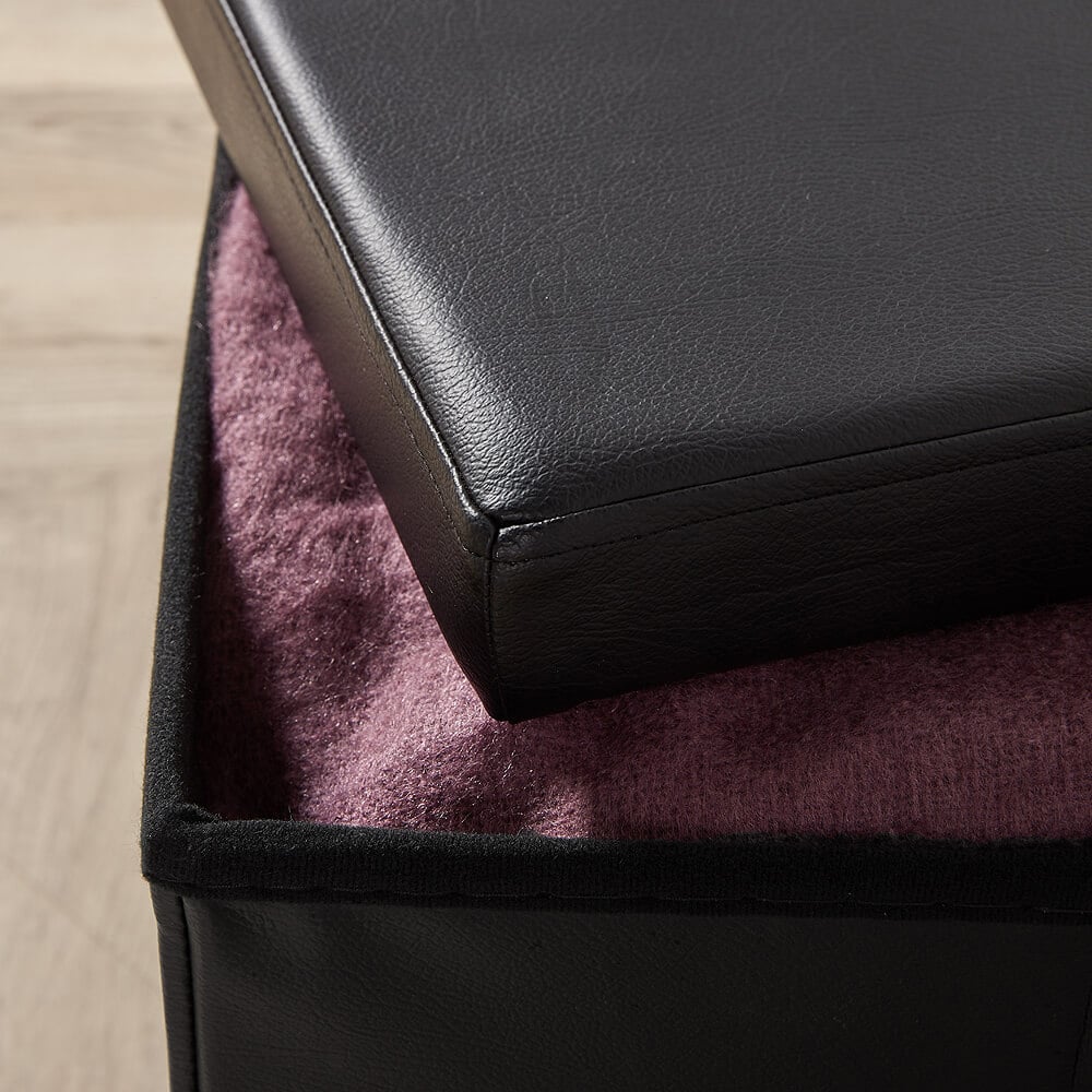 Home Source Faux Black Leather Square Folding Storage Ottoman Image 4