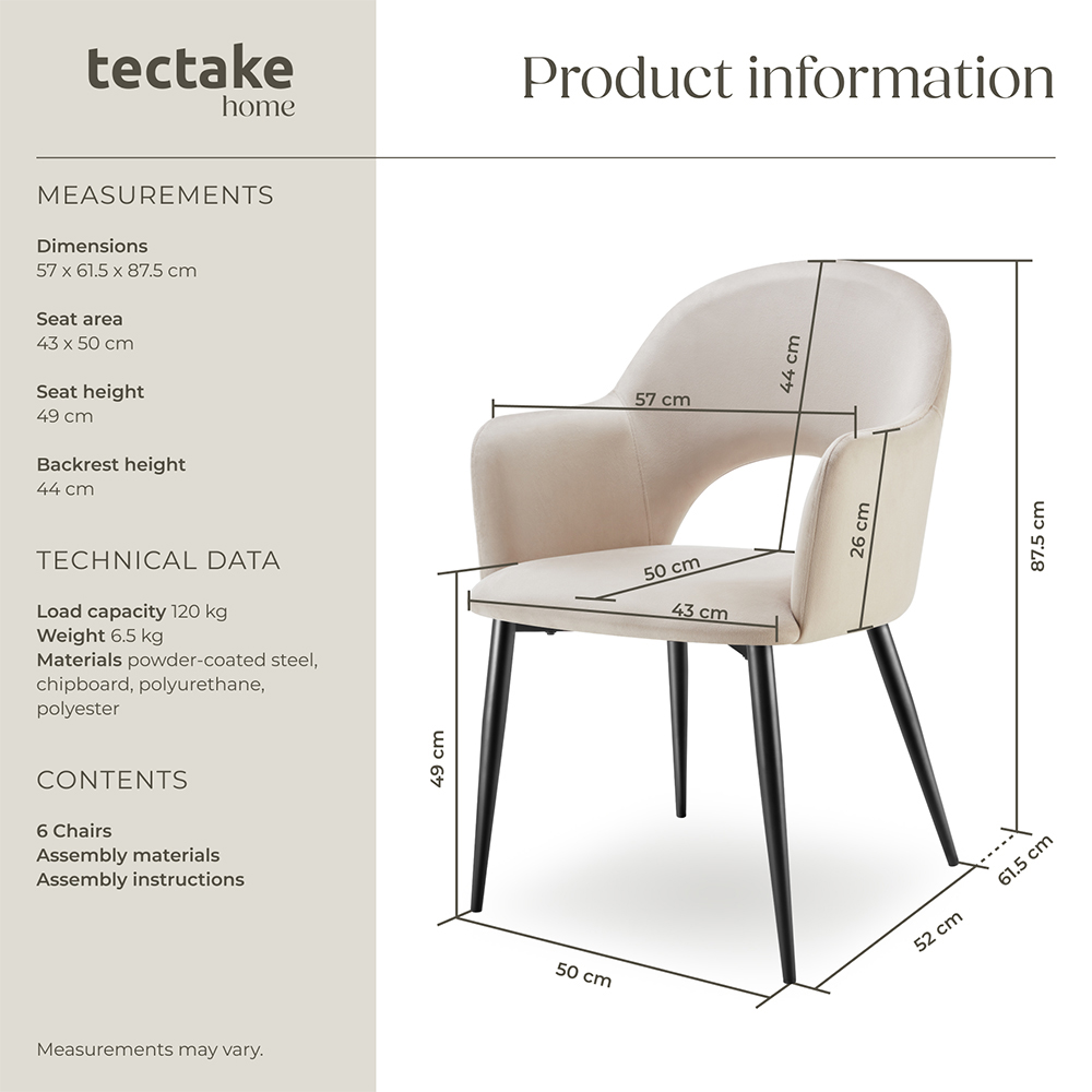 tectake Sasha Set of 6 Cream Velvet Dining Chair Image 9