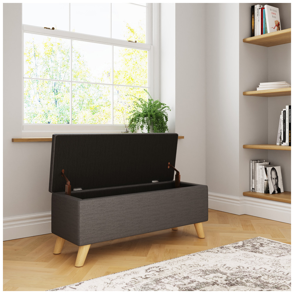 GFW Secreto Charcoal Grey Hopsack Fabric Ottoman Storage Bench Image 8