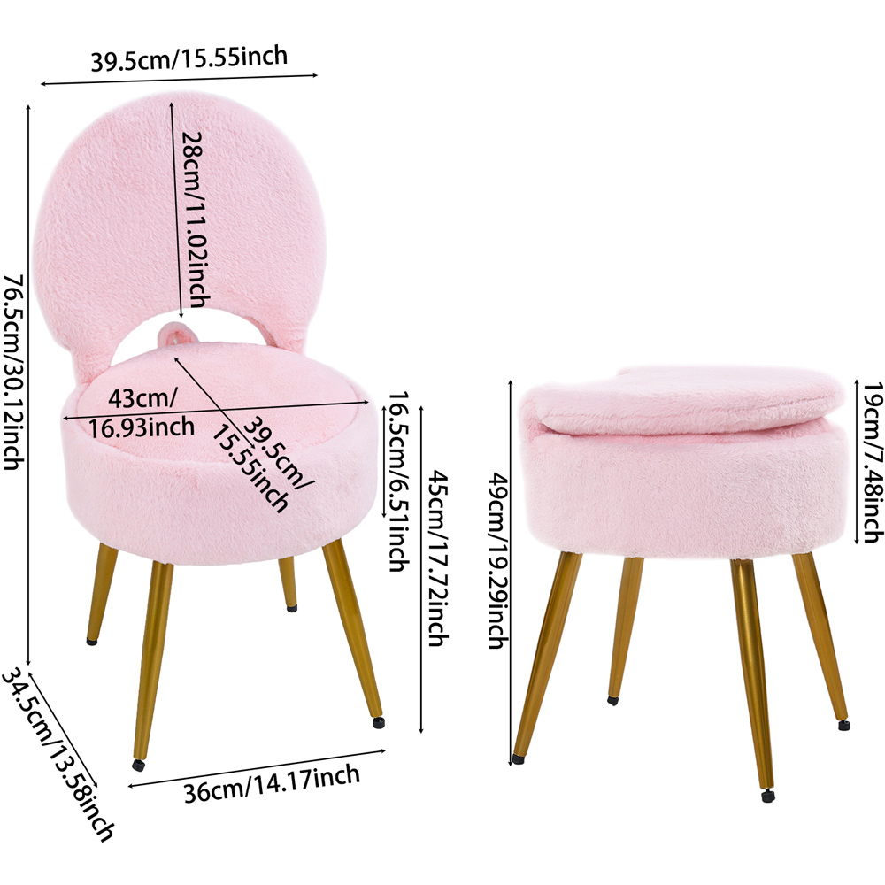 Living and Home Pink Faux Rabbit Fur Round Back Foldable Vanity Chair with Storage Image 8