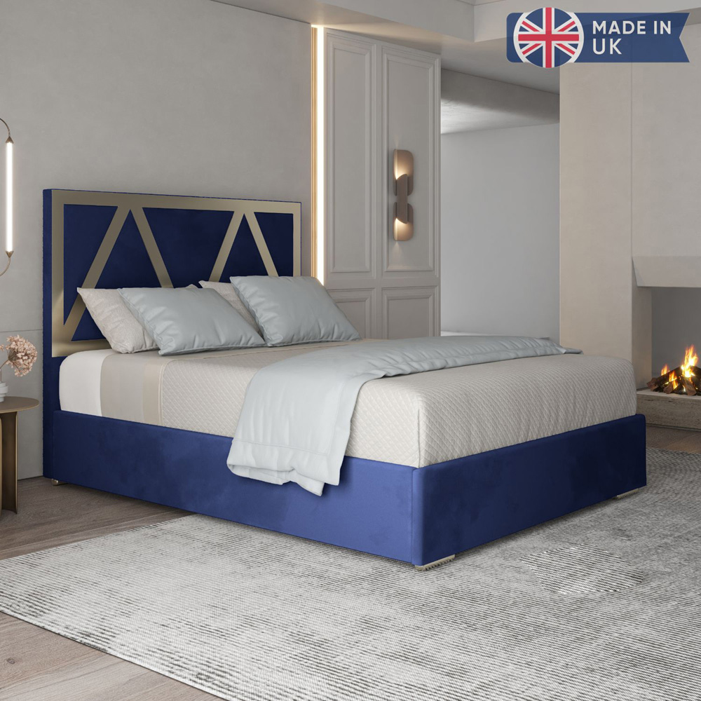 Alison Blue Double Velvet Upholstered Metal Bed Frame with Panelled Headboard Image 6