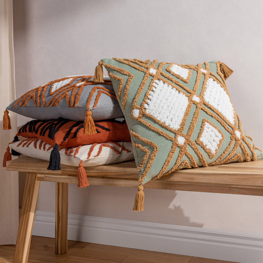 furn. Aquene Natural and Brick Tufted Tasselled Cushion Image 6