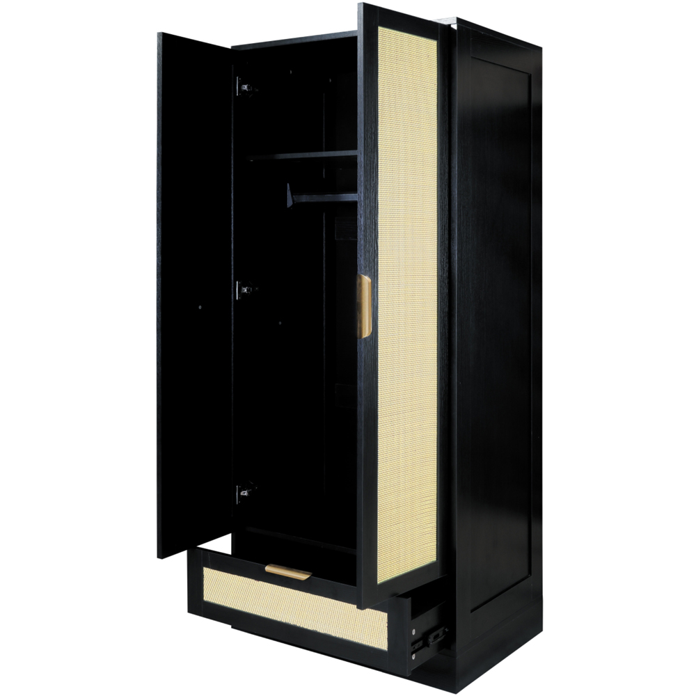 Langham 2 Door Single Drawer Black Rattan Fluted Wardrobe Image 3