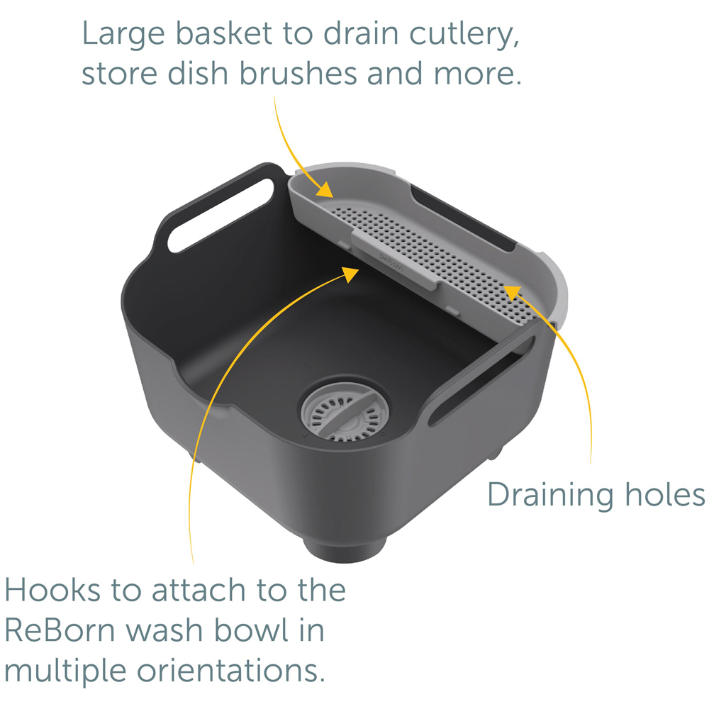 ReBorn Dark Grey Large Washing Up Bowl with Removable Multipurpose Drainer 9L Image 8