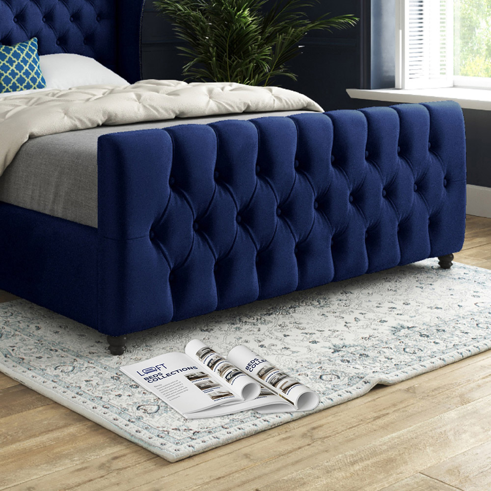 Donati Blue Double Velvet Upholstered Bed Frame with Straight Curved Top Headboard Image 4