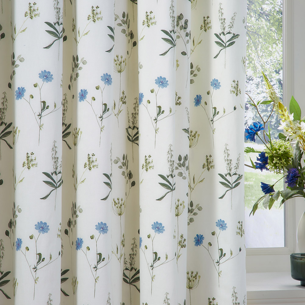 Wylder Nature Meadow Lined Pencil Pleat Curtains White and Cornflower 229 x 183cm Image 4