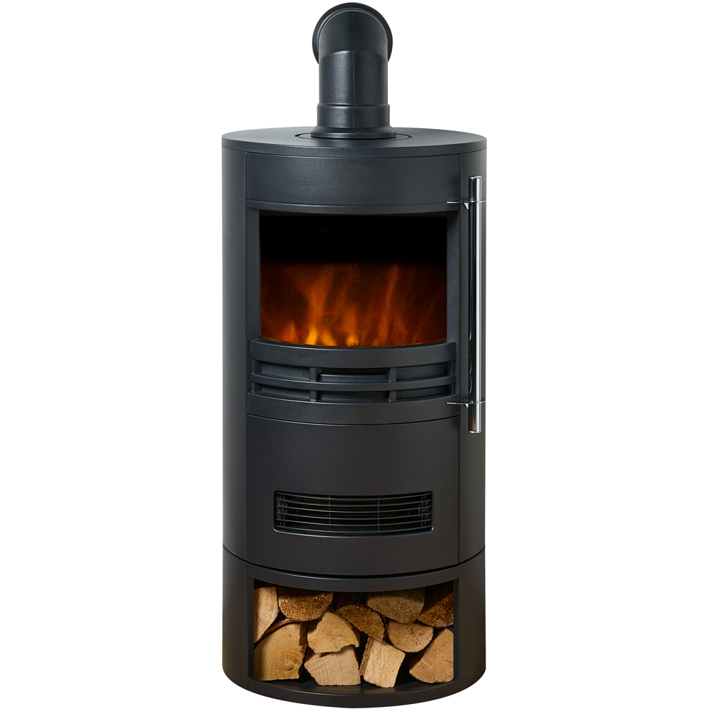 Sureflame Dunston Black Round Electric Stove with Log Storage and Angled Stove Pipe Image 3