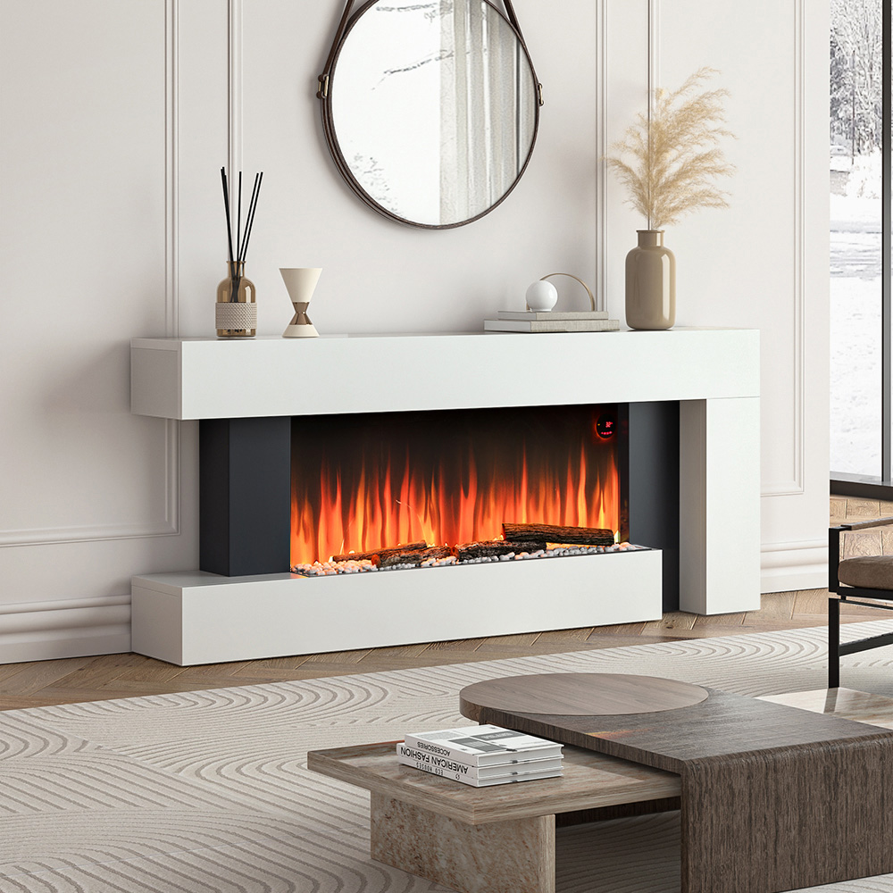 Living and Home 52 Inch Electric Fireplace White Surround Set with Left Night Light Remote Control Image 2