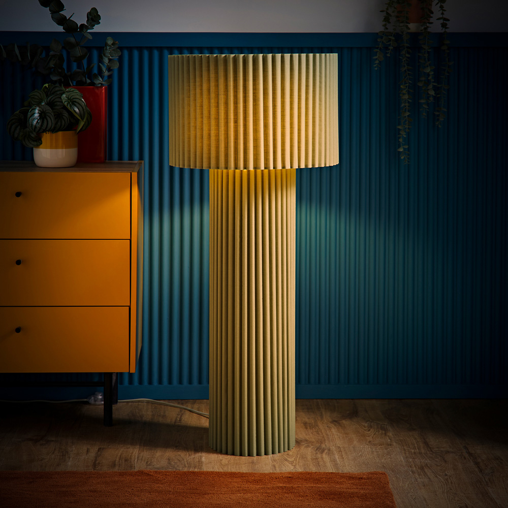 ValueLights Lenny Moss Green Drum Lamp Shade Ribbed Fabric Midi LED Floor Lamp Image 6
