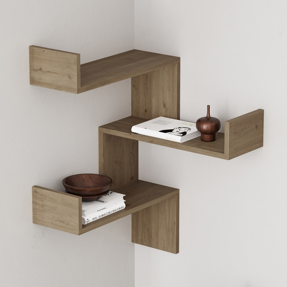 Decortie Luksa 3 Shelf Zigzag Wall Mounted Design Oak Effect Corner Bookcase Image 1