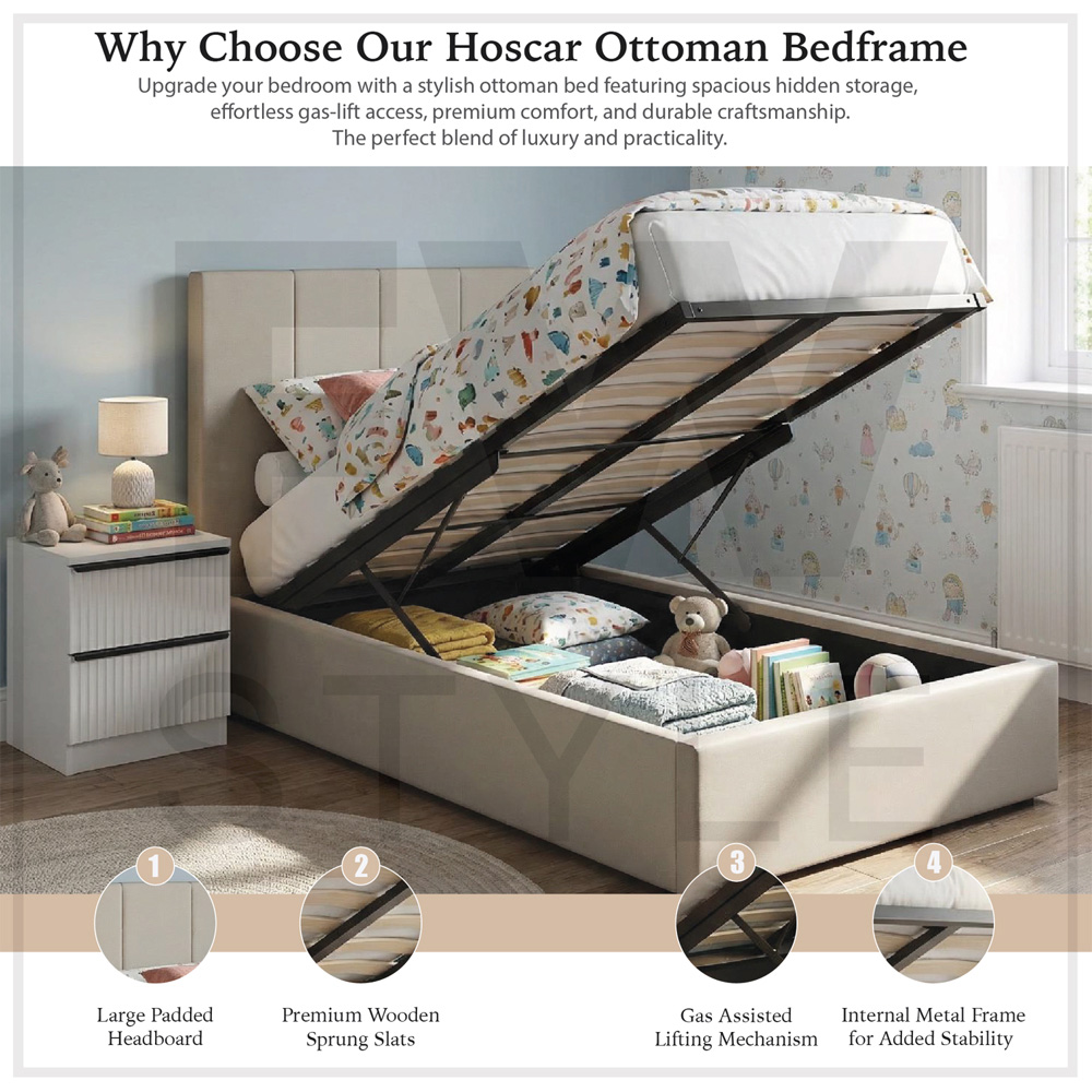 FWStyle Hoscar Double Beige Upholstered Lift-Up Ottoman Bed Frame with Ribbed Headboard Image 7