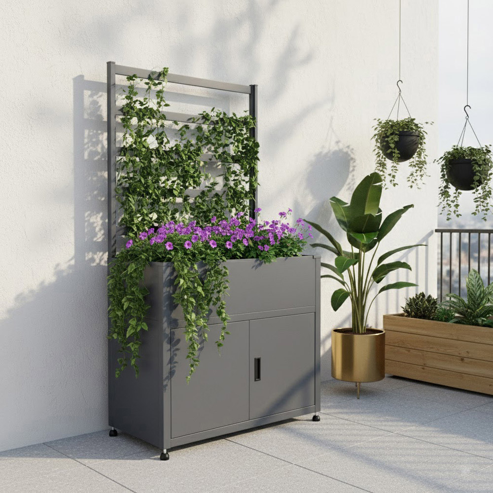 Trimetals 6.2 x 3.2ft Anthracite Raised Planter with Storage Cupboard and Trellis Image 2
