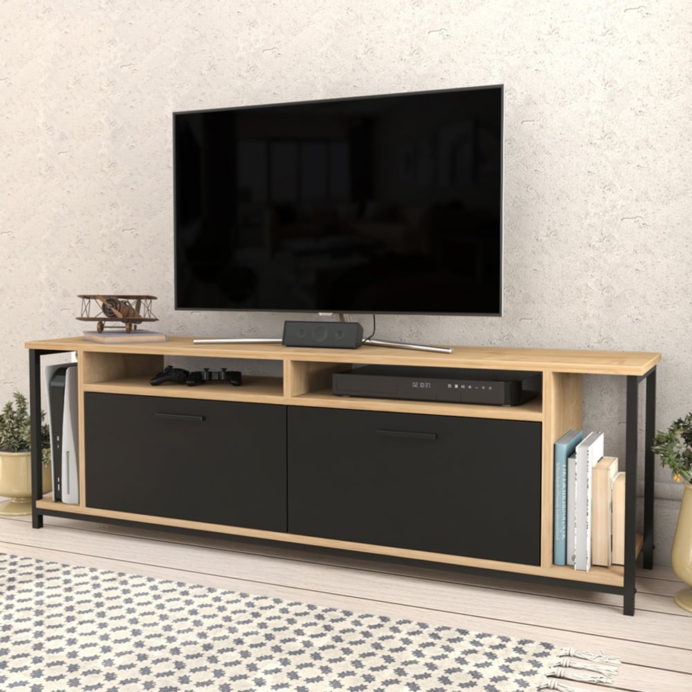Decorotika Omar 2 Door 4 Shelf Oak and Black TV Unit Image 1