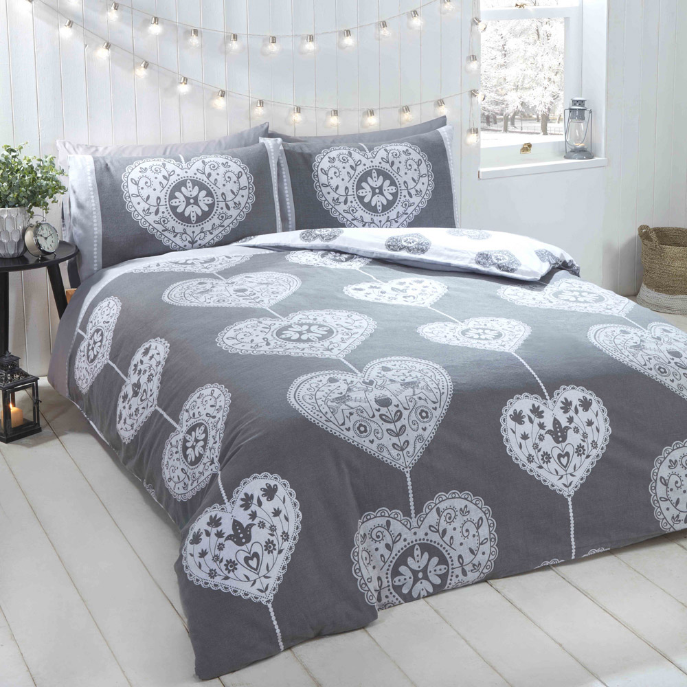 Rapport Home Scandi Heart Double Grey Brushed Cotton Reversible Duvet Set Image 1