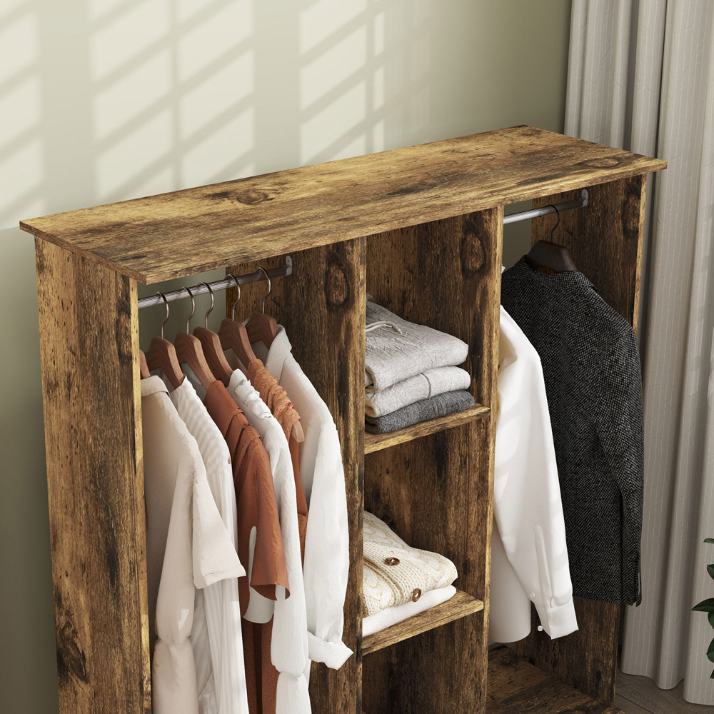 Portland 3 Shelf Rustic Brown Double Open Wardrobe with Hanging Rail Image 3