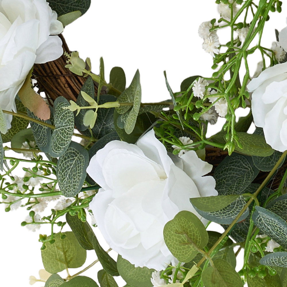 Living and Home Artificial White Rose and Eucalyptus Door Wreath 50cm Image 6
