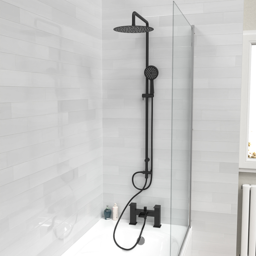 Nes Home Kenton Waterfall Matte Black Round Shower Mixer Tap and Riser Rail Kit with Handset Image 2