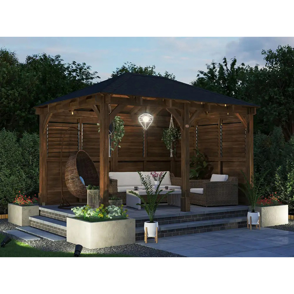 Dunster House Leviathan 4 x 3m Brown Louvre Walled Garden Gazebo with Heavy Duty Roof Shingles Image 4