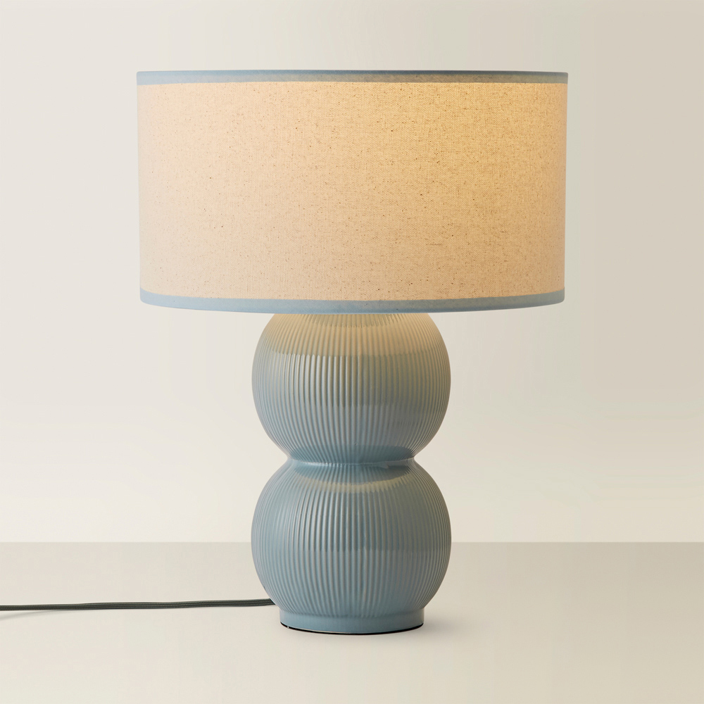 ValueLights Gemma Green Trim Shade Linen with Stacked Ribbed Green Glazed LED Table Lamp Image 5
