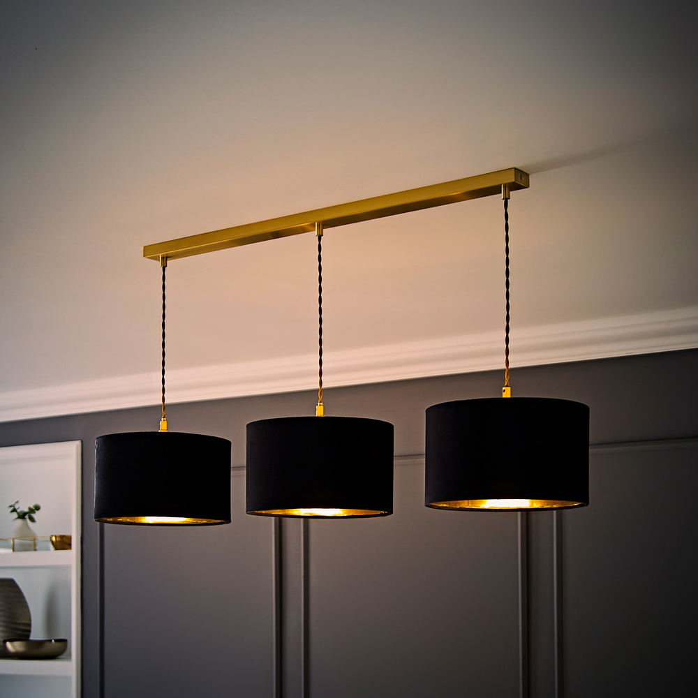 ValueLights Reni Black Velvet and Gold Shade 3 Drop Bar Gold Diner LED Ceiling Lights Image 6