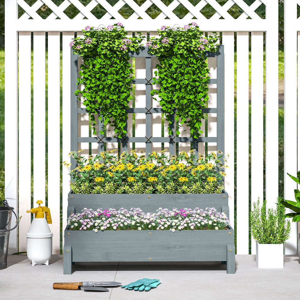 Outsunny 2 Tier Grey Wooden Raised Bed with Trellis Image 4