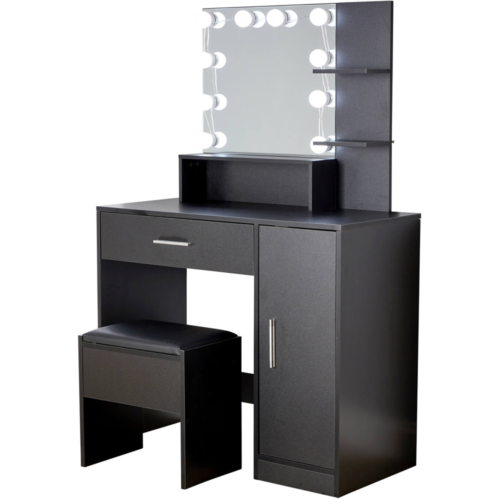 Home Source Sophia Single Door Single Drawer Black Dressing Table Set with LED Mirror Image 2
