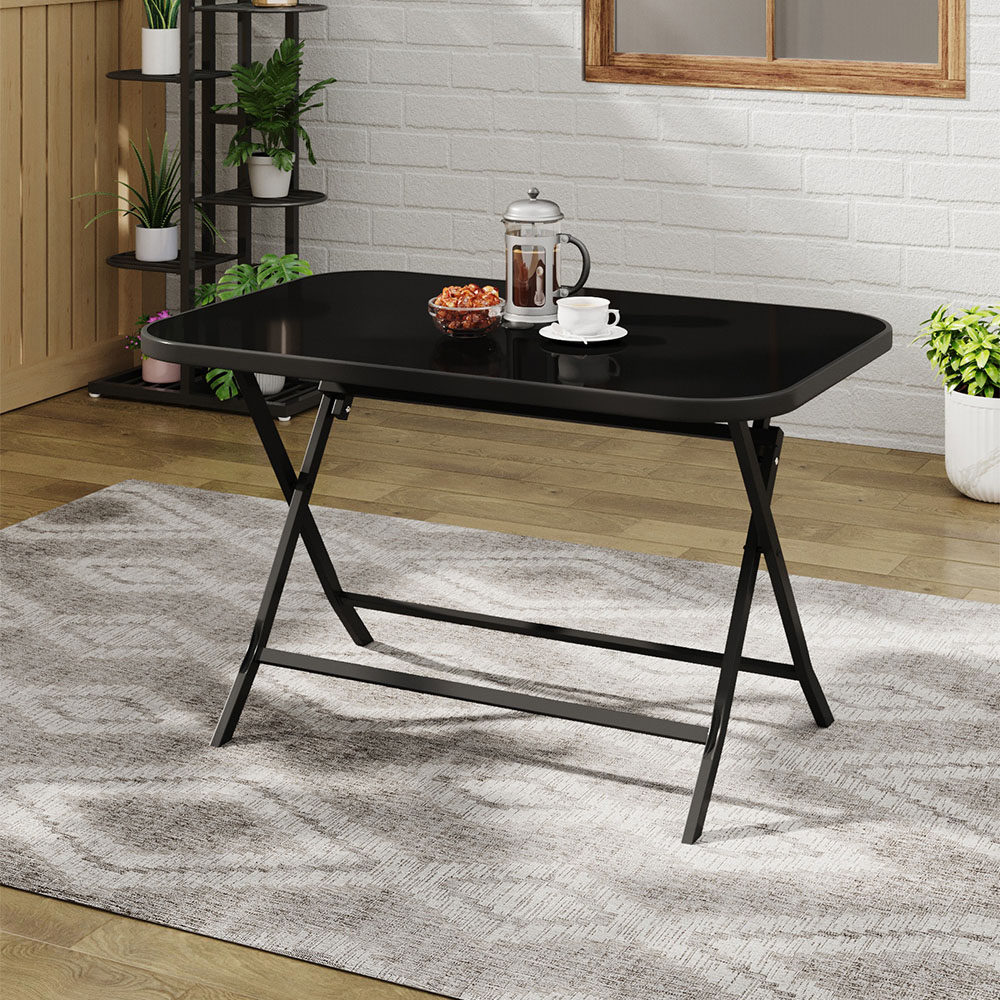 Living and Home Black Metal Outdoor Rectangle Folding Table with Umbrella Hole Image 2