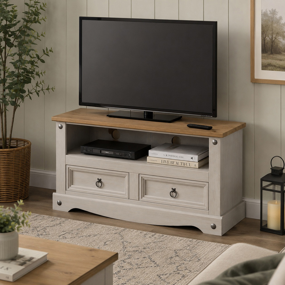 Mews Corona Grey Waxed Pine Mexican Style 2 Door Single Shelf Flat Screen TV Stand Image 6