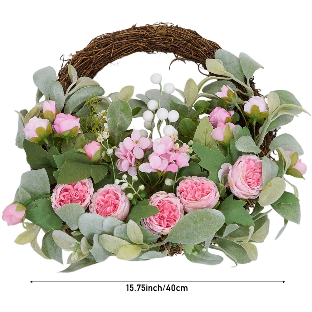 Living and Home Artificial Pink Peony Door Wreath 40cm Image 8