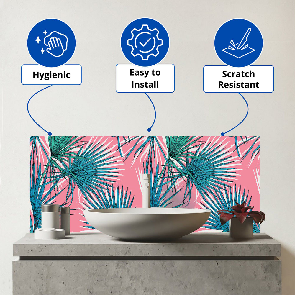 Warren Reed Designer Pink and Green Fan Palms Glass Bathroom Splashback 25 x 60cm Image 3