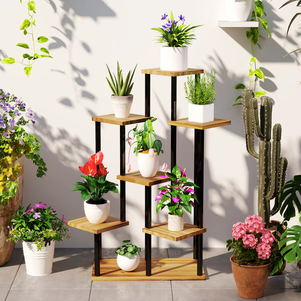 Outsunny 7 Tier Black and Natural Garden Plant Stand Image 3