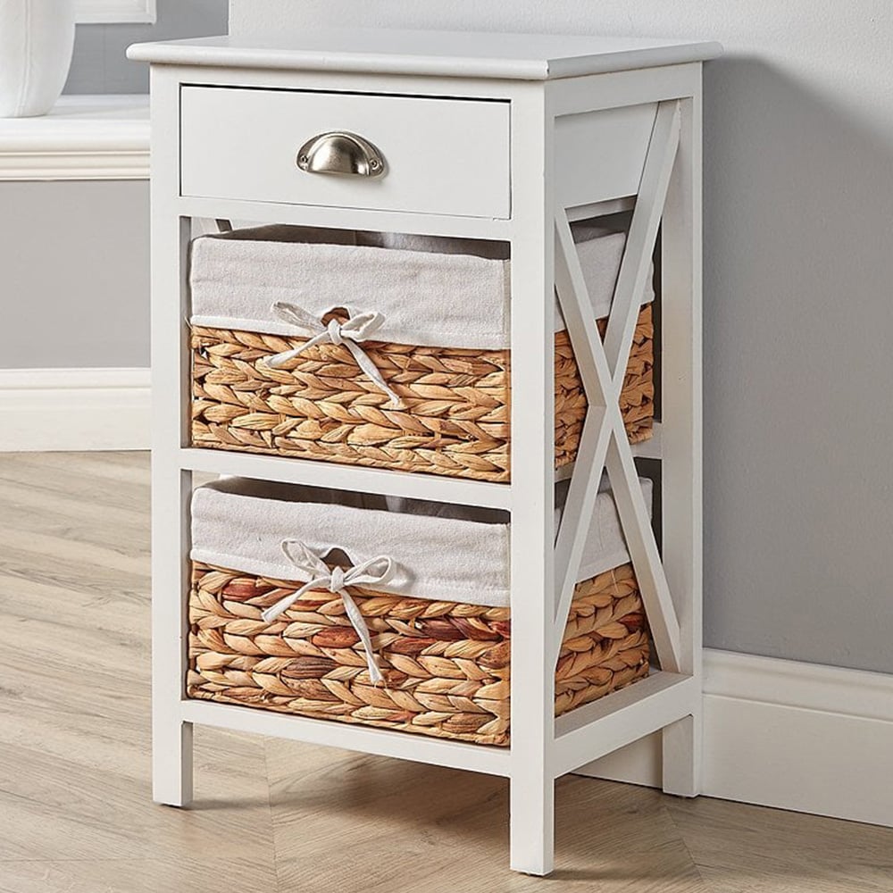 Home Source Dartmouth Single Drawer 2 Wicker Basket White Bedside Table Image 1