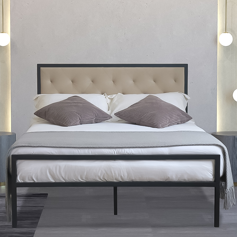 Brooklyn Double Metal Bed Frame with Cream Plush Velvet Buttoned Headboard Image 2