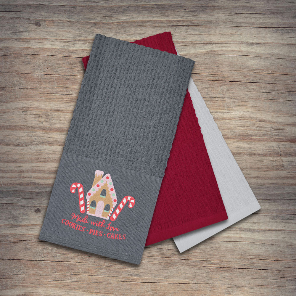 Noel Square Gingerbread House Grey Tea Towel 3 Pack Image 2