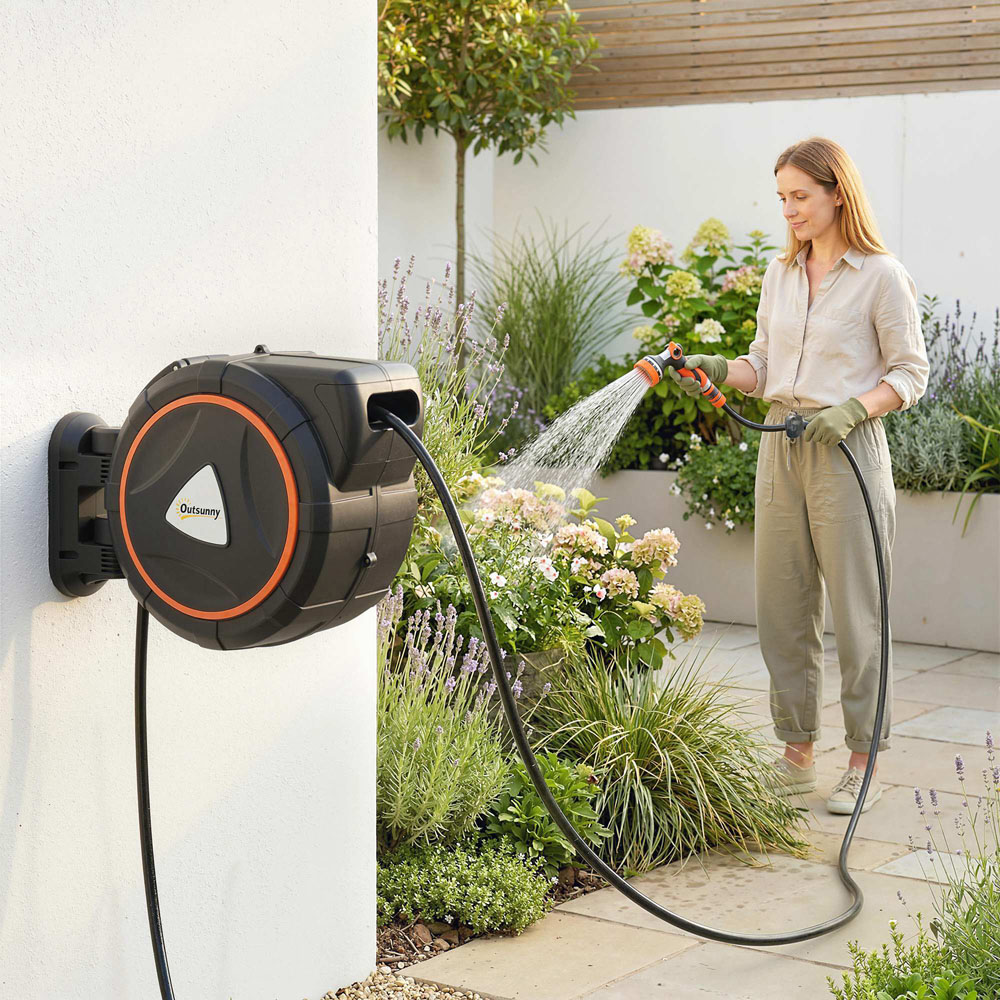 Outsunny 23m Black and Orange Wall-Mounted Retractable Hose Reel with Auto Retraction Image 2