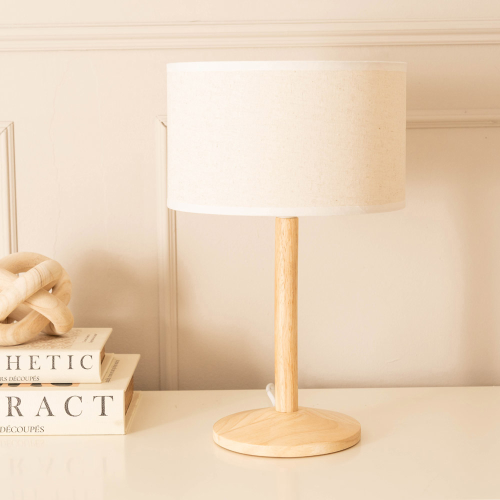 ValueLights Triston Linen White Edge Drum Shade Natural Light Wood Stem LED Table Lamp Image 3