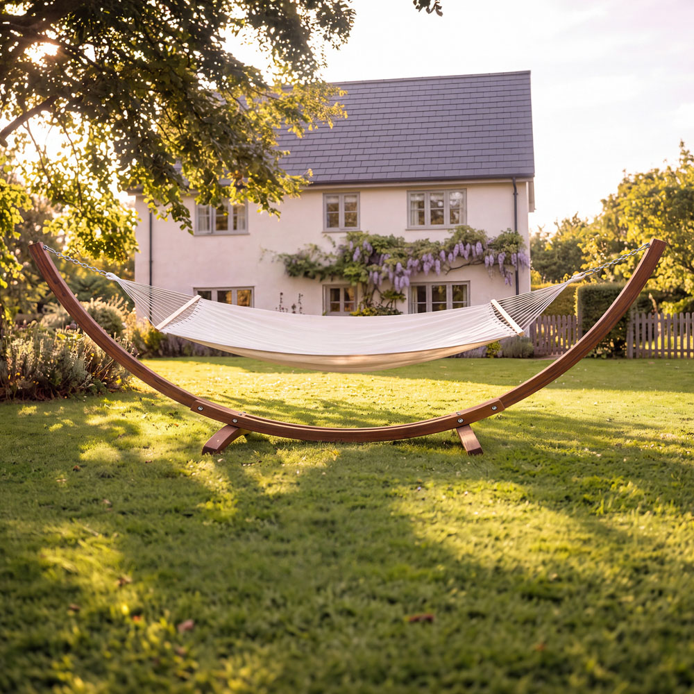 Charles Bentley Cream Canvas Extra Large Hammock with Wooden Arc Stand Image 6