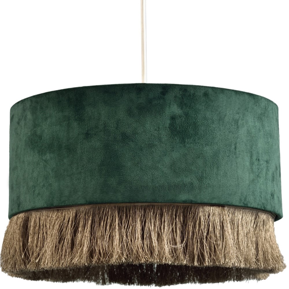 Happy Homewares Forest Green Soft Velvet Circular Gold Tassels Pendant Shade Image 1