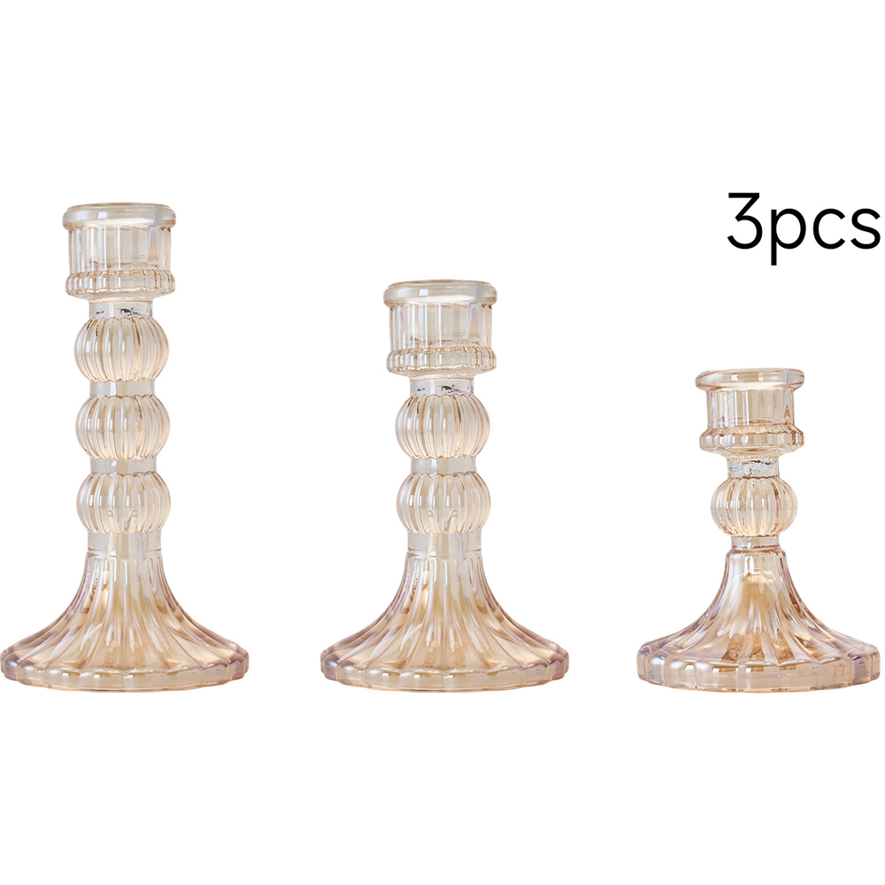 Living and Home Amber Glass Fluted Candlestick Holder Set of 3 Image 3