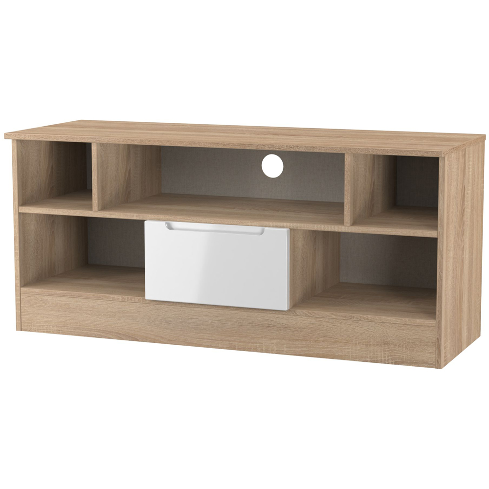 Crowndale Milan Single Drawer 5 Shelf White Gloss and Bardolino Oak TV Unit Ready Assembled Image 4